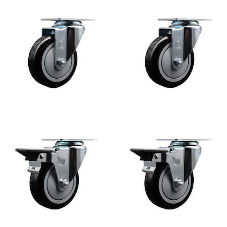 Service Caster 4'' Black Poly Wheel Swivel Top Plate Caster Set with 2 Posi Brakes, 4PK SCC-20S414-PPUB-BLK-2-PLB-2